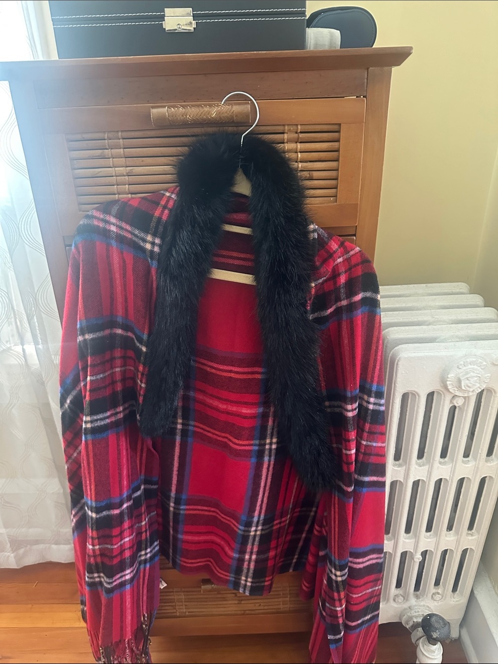 Talbots Red Plaid Shawl with Black Fur Trim